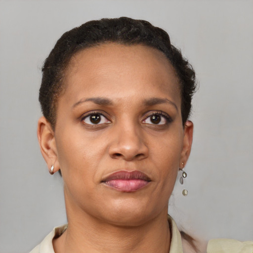 Joyful black young-adult female with short  brown hair and brown eyes