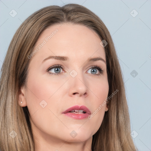 Neutral white young-adult female with long  brown hair and grey eyes