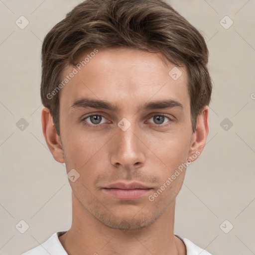 Neutral white young-adult male with short  brown hair and grey eyes