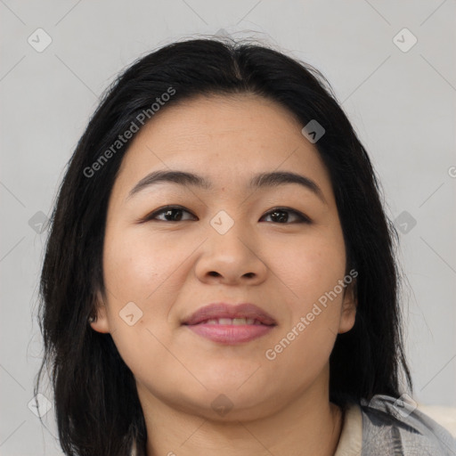 Joyful asian young-adult female with medium  brown hair and brown eyes