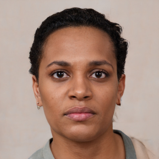Neutral black young-adult female with short  black hair and brown eyes