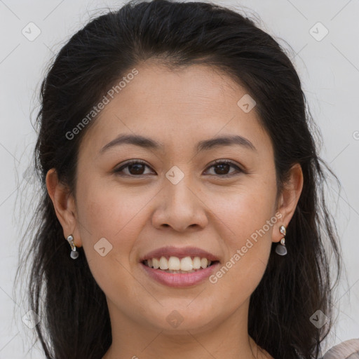 Joyful white young-adult female with long  brown hair and brown eyes