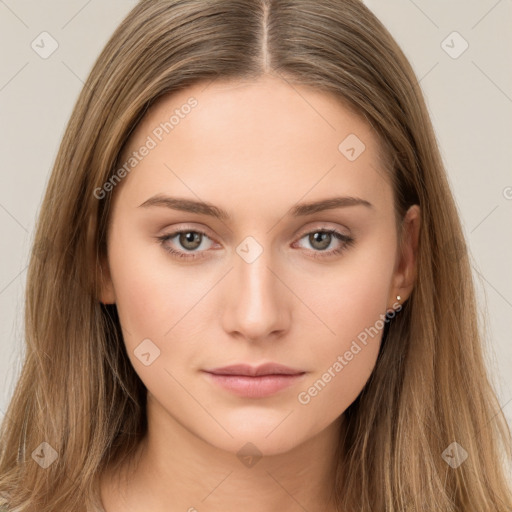 Neutral white young-adult female with long  brown hair and brown eyes