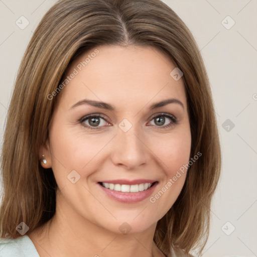 Joyful white young-adult female with medium  brown hair and green eyes