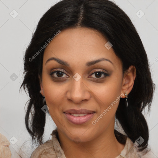 Joyful latino young-adult female with long  brown hair and brown eyes