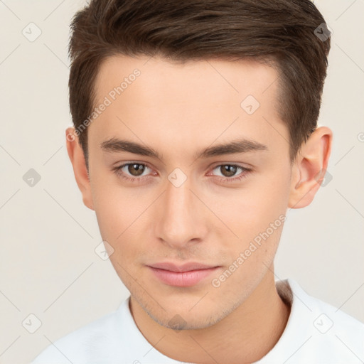 Neutral white young-adult male with short  brown hair and brown eyes