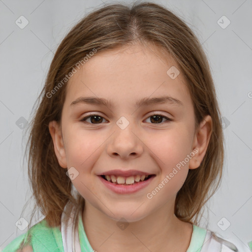 Joyful white child female with medium  brown hair and brown eyes