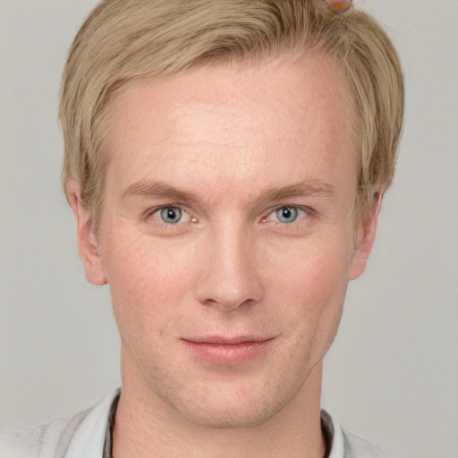 Neutral white young-adult male with short  brown hair and blue eyes
