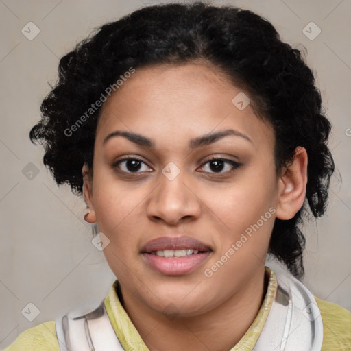 Joyful latino young-adult female with medium  black hair and brown eyes