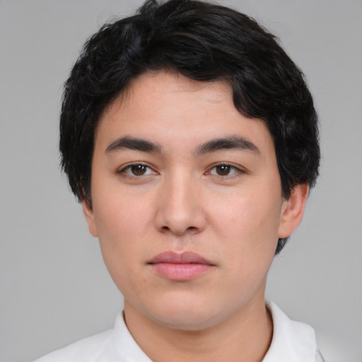 Neutral white young-adult male with short  black hair and brown eyes