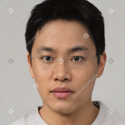 Neutral asian young-adult male with short  black hair and brown eyes