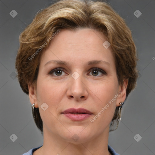 Joyful white adult female with short  brown hair and grey eyes