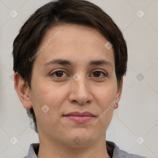 Joyful white young-adult female with short  brown hair and brown eyes