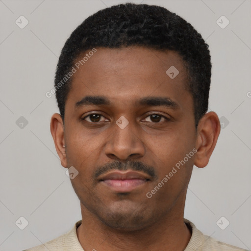 Neutral latino young-adult male with short  black hair and brown eyes