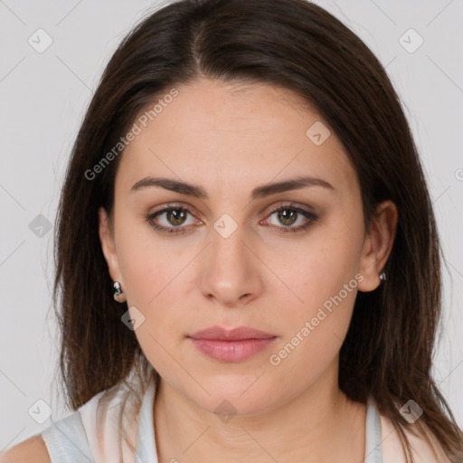 Neutral white young-adult female with medium  brown hair and brown eyes