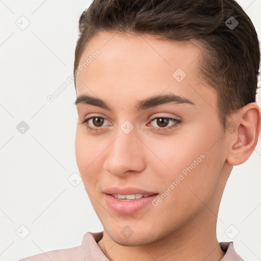 Joyful white young-adult female with short  brown hair and brown eyes