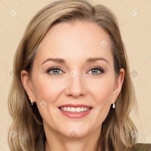 Joyful white young-adult female with long  brown hair and green eyes