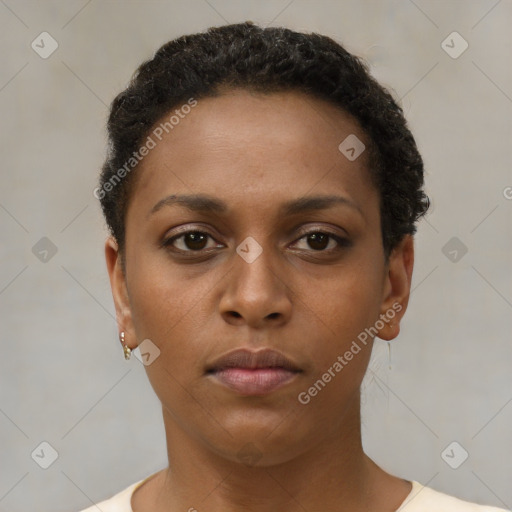 Neutral black young-adult female with short  brown hair and brown eyes