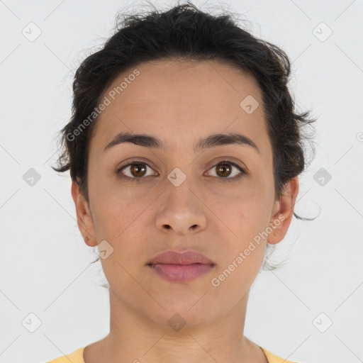 Neutral white young-adult female with short  brown hair and brown eyes