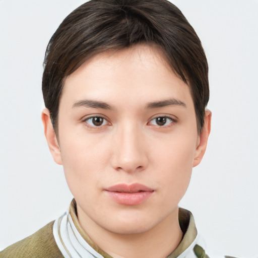 Neutral white young-adult female with short  brown hair and brown eyes