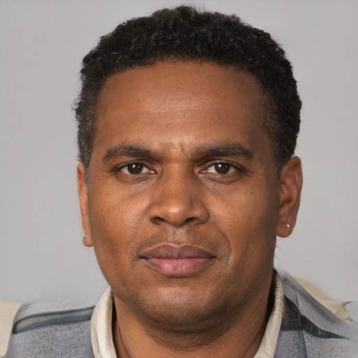 Neutral black adult male with short  black hair and brown eyes