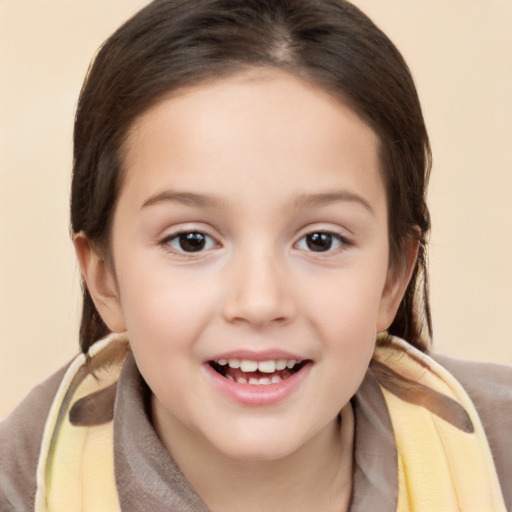 Joyful white child female with medium  brown hair and brown eyes