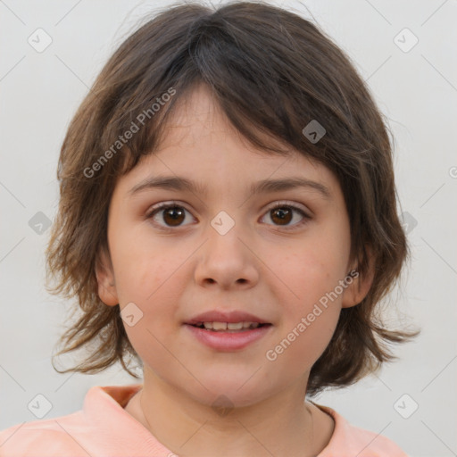 Joyful white child female with medium  brown hair and brown eyes