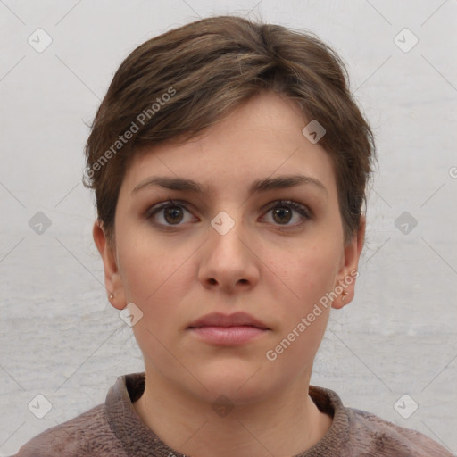 Neutral white young-adult female with short  brown hair and brown eyes