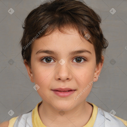 Joyful white child female with short  brown hair and brown eyes