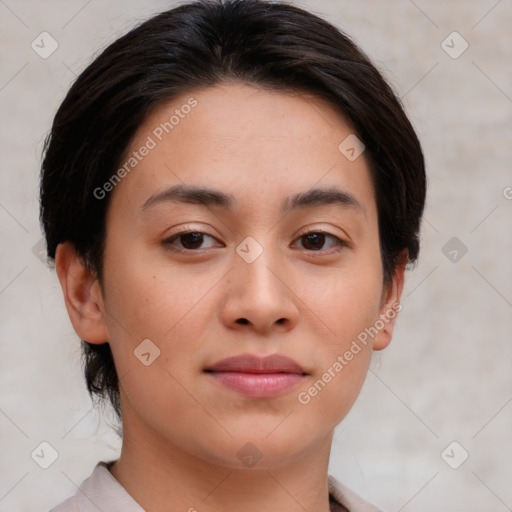 Joyful asian young-adult female with medium  brown hair and brown eyes