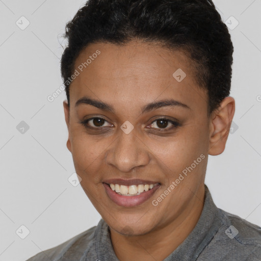 Joyful latino young-adult female with short  brown hair and brown eyes