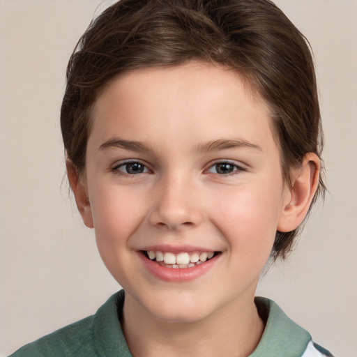 Joyful white child female with medium  brown hair and brown eyes