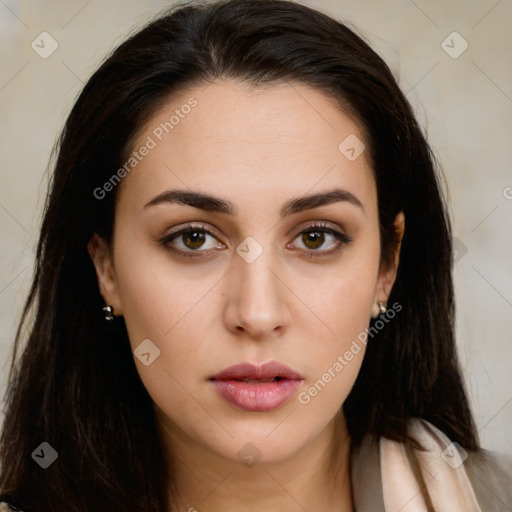 Neutral white young-adult female with long  brown hair and brown eyes