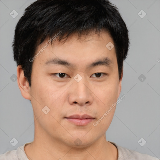 Neutral asian young-adult male with short  brown hair and brown eyes