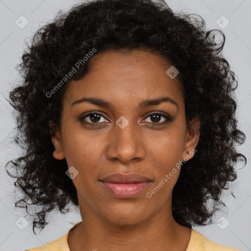 Neutral black young-adult female with medium  brown hair and brown eyes