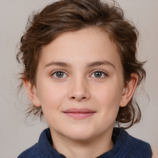 Joyful white child female with medium  brown hair and brown eyes