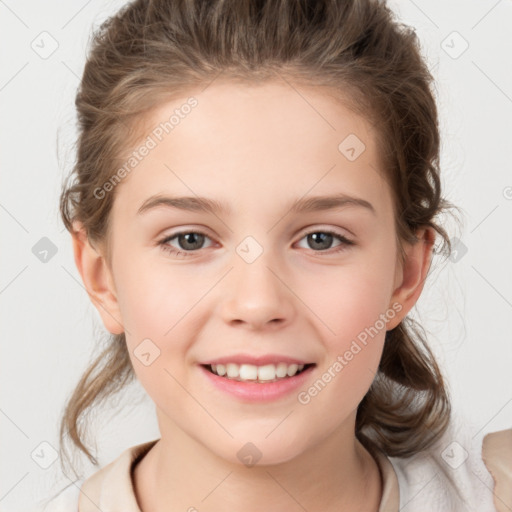 Joyful white child female with medium  brown hair and brown eyes