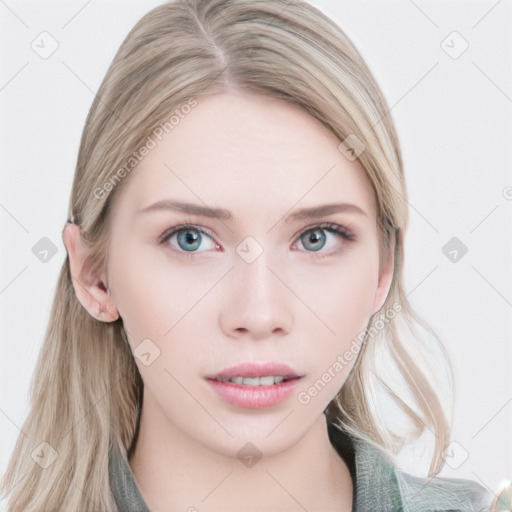 Neutral white young-adult female with long  brown hair and blue eyes