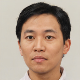 Neutral asian adult male with short  black hair and brown eyes