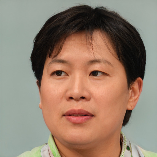 Joyful asian adult female with medium  brown hair and brown eyes