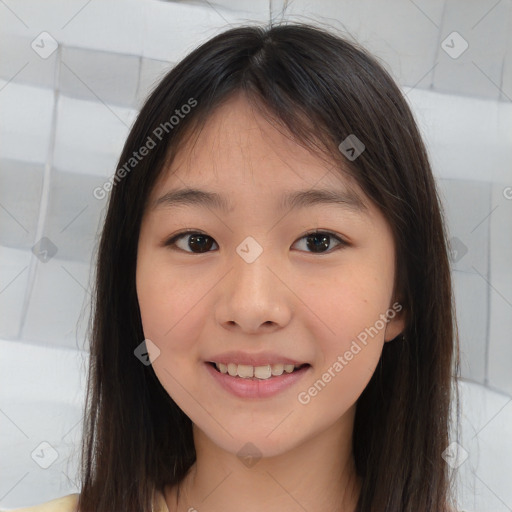 Joyful white child female with medium  brown hair and brown eyes