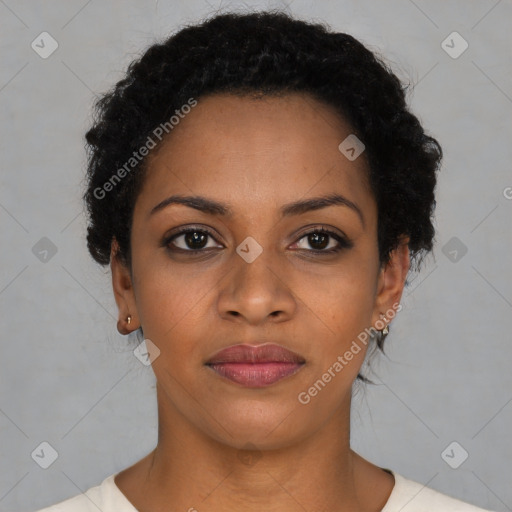 Neutral black young-adult female with short  black hair and brown eyes