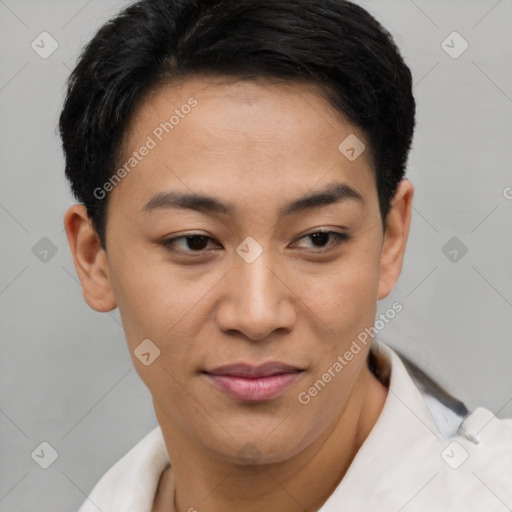Joyful asian young-adult female with short  brown hair and brown eyes