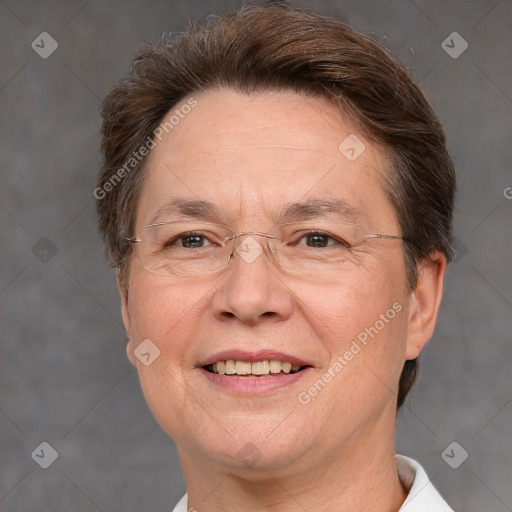 Joyful white middle-aged female with short  brown hair and brown eyes