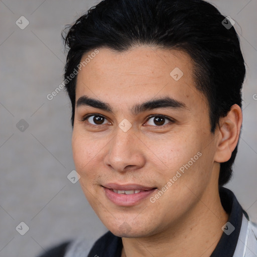 Joyful white young-adult male with medium  brown hair and brown eyes