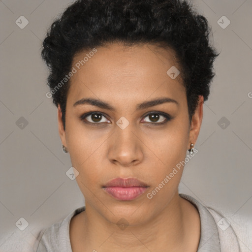 Neutral latino young-adult female with short  black hair and brown eyes