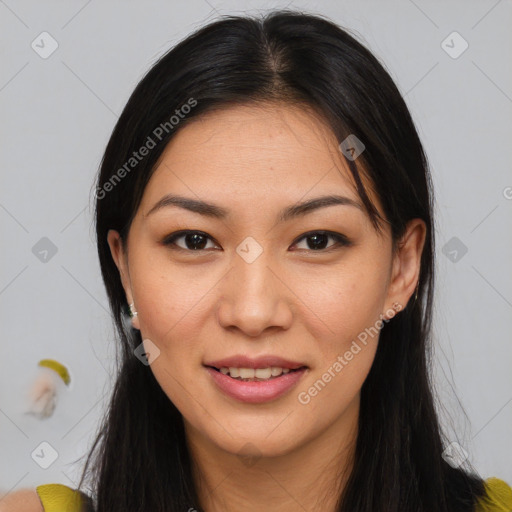 Joyful asian young-adult female with long  brown hair and brown eyes