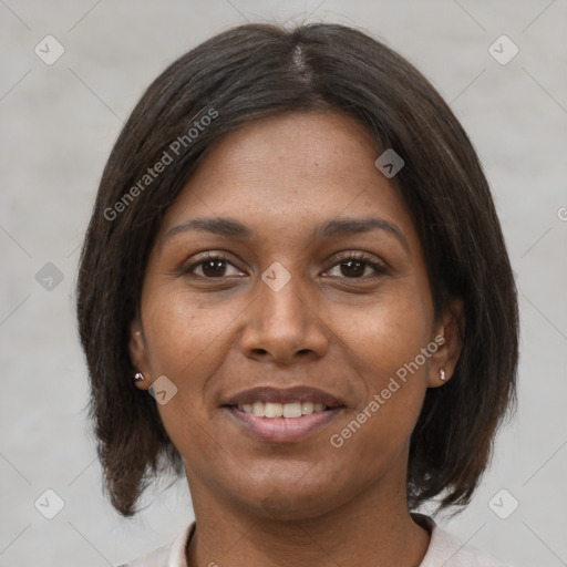 Joyful white young-adult female with medium  brown hair and brown eyes