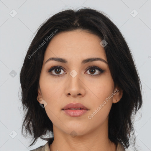 Neutral asian young-adult female with medium  black hair and brown eyes