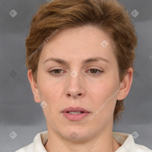 Neutral white adult female with short  brown hair and brown eyes